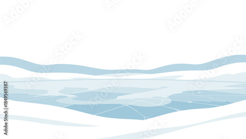 A serene winter landscape with melting ice on a frozen lake or sea against a plain white background, conveying a sense of Desember's chill with a minimalist composition.