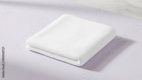 Pristine, neatly folded white cotton washcloth with a subtle textured weave, presented in a minimalist still life arrangement against a soft lavender backdrop with blurred marble surface, intended for