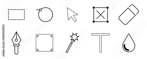 Graphic Design Software Tools and UI Icons Set, Outline Vector Illustration