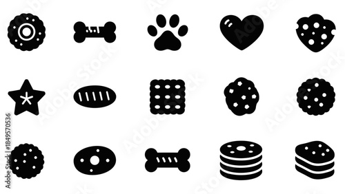 A collection of black silhouette icons depicting various dog treats, pet food shapes, and related symbols like a paw print and heart.