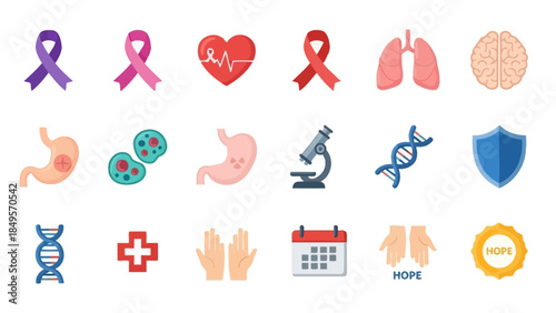 Collection of medical and health awareness icons featuring organs, ribbons, scientific tools, and symbols of support and hope.