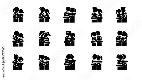 A collection of black stick figures illustrating various forms of hugging and embracing between two people, symbolizing affection and connection.