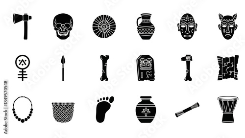 A collection of black silhouette icons depicting various tribal, ancient, and cultural artifacts, including masks, weapons, pottery, and symbols.