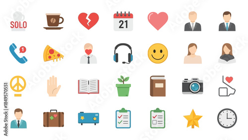 A collection of diverse flat design icons representing various daily life objects, emotions, people, and activities.