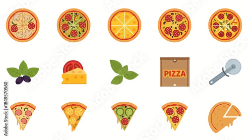 A comprehensive set of pizza-themed icons featuring whole pizzas, individual slices, fresh ingredients, and essential tools like a pizza cutter and box.