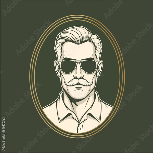 Vintage Gentleman Portrait with Sunglasses and Moustache in Oval Frame.