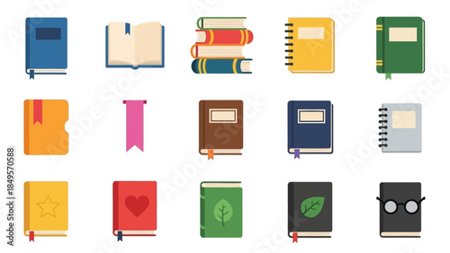 A collection of colorful and diverse stylized books, notebooks, and bookmarks arranged in a grid on a white background, representing various forms of literature and learning.