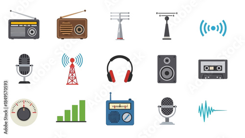 A collection of flat design icons representing radio, sound, and communication equipment, including vintage radios, antennas, microphones, headphones, speakers, and signal indicators.