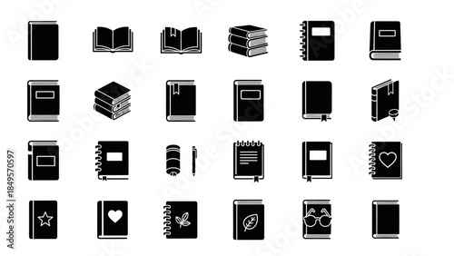 A comprehensive collection of black silhouette icons depicting various books, notebooks, and stationery items, suitable for educational or literary themes.