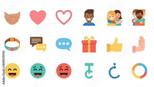A collection of flat design icons representing social interaction, communication, emotions, and positive feedback.