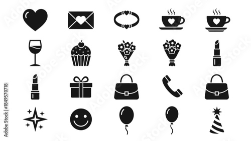 A collection of black silhouette icons representing love, celebration, and everyday items like coffee, gifts, and party elements.
