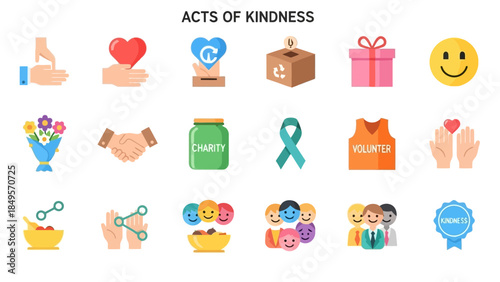 A collection of flat design icons representing various acts of kindness, charity, and social responsibility.