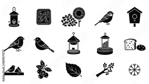 Black and white icons of birds, bird feeders, and winter elements for wildlife care.