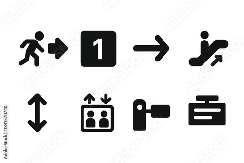 Station Symbols Grid. Station navigation signs. Filled icon set of station navigation signs: exit sign,