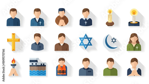 Flat design icons representing various religious figures, symbols, and people, illustrating diversity in faith and spirituality.