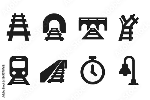 Railway Icon Grid. Railway perspective. Filled icon set of railway perspective: rails, vanishing tunnel,
