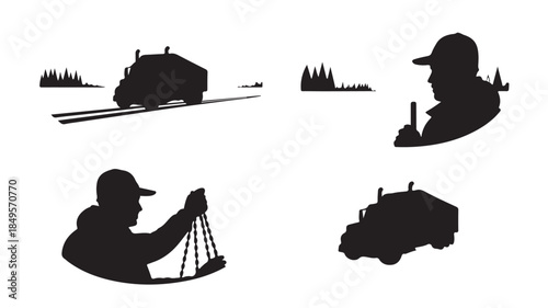 Snowmobile Silhouettes in Various Poses and Actions in Black on White Background for Outdoor Adventure Illustration