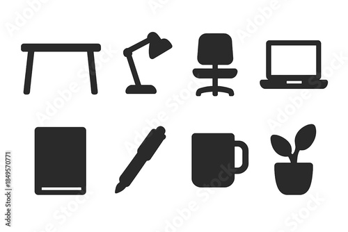 Home Workspace Icons. Home workspace essentials. Filled icon set of home workspace essentials: desk, lamp,