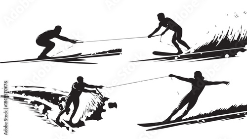 Water Skier Silhouettes in Dynamic Poses with Dramatic Shadows in Black and White Illustration for Adventure Sports