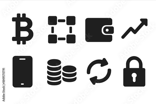 Digital Finance Icons. Cryptocurrency and digital finance theme. Filled icon set of cryptocurrency and digital