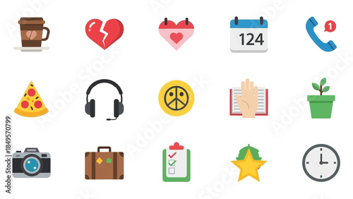 A collection of flat design icons including coffee, broken heart, calendar, phone, pizza, headphones, peace sign, book, plant, camera, suitcase, checklist, star, and clock.