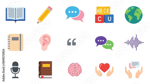 Learning and Communication: A comprehensive collection of symbols and icons that captures the essence of language, knowledge, communication, and global understanding.