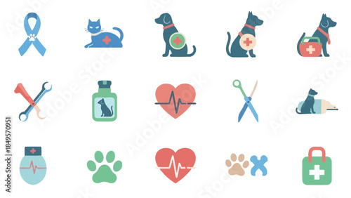Veterinary Care Icons: A collection of meticulously crafted icons showcasing various aspects of veterinary care and pet health. Representing animal wellbeing and veterinary medicine.