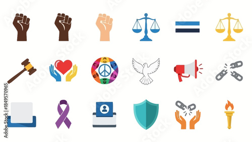 A collection of diverse icons representing human rights, justice, equality, peace, and social awareness.