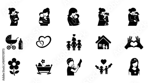 Black and white icons depicting motherhood, family, baby care, and love, representing various aspects of parental affection and domestic life.
