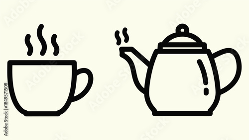 Steaming teacup and teapot in simple black line art style, Generative AI.