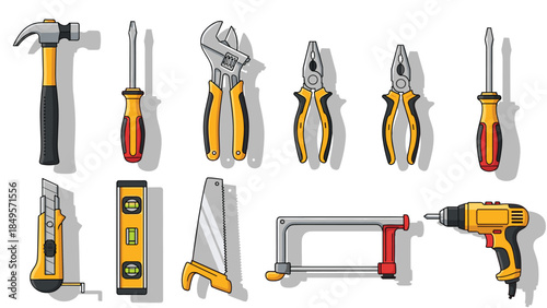 Collection of professional hand tools for construction and repair work, Generative AI.