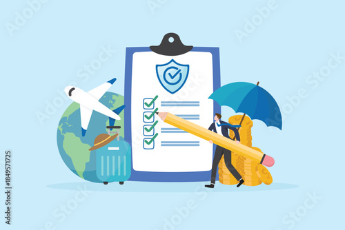 Businessman approve or sign insurance policy vector illustration. Concepts Travel insurance, insurance business, risk management, emergency planning, medicals support and abroad trip assurance.