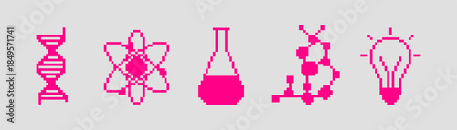 Minimal science icon set featuring DNA helix, atomic model, laboratory flask, molecular structure and light bulb symbols. Clean pink outline vector elements for education, research, innovation