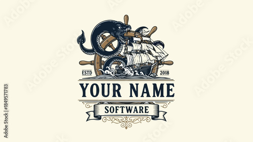 Vintage nautical software logo with ship and sea monster.