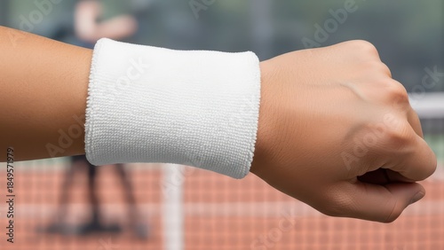 Clean, textured white terrycloth wristband worn by an athletic individual with a slightly clenched fist, positioned against a blurred clay tennis court background under bright daylight, intended for