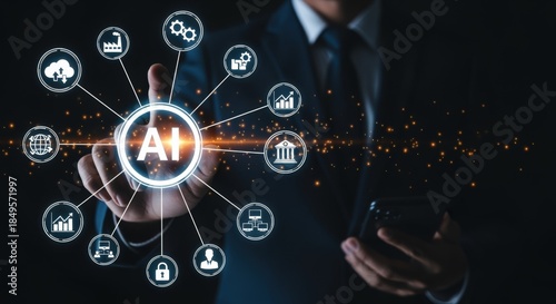 AI technology businessman pointing at virtual interface symbolizing artificial intelligence and data analysis in business operations