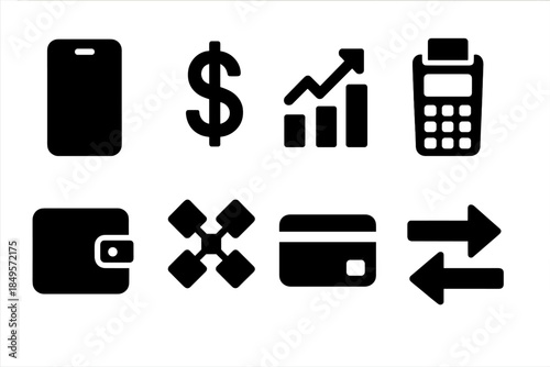 Fintech Icon Set. Fintech innovation. Filled icon set of fintech innovation: smartphone, dollar sign, bar