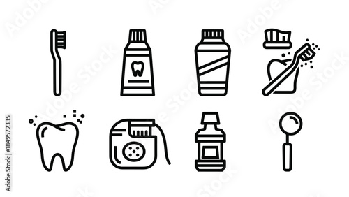 Dental care icons including toothbrush toothpaste and mouthwash, Generative AI.