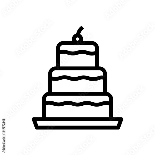 Elegant three-tier cake icon with candle in clean outline vector style, perfect for bakery branding, wedding invitations, pastry menus, event flyers, and confectionery packaging.