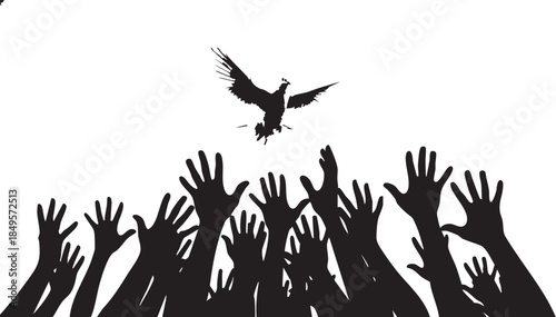 Silhouette of Hands Reaching Upward Toward a Flying Bird of Peace and Freedom