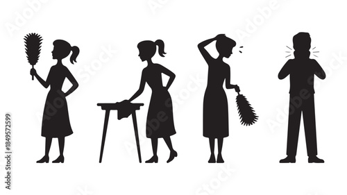 People Silhouettes in Various Daily Activities with Simple Black Shapes on White Background for Illustration