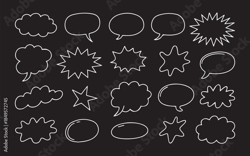 Trendy speech bubble collection in white outline on black for creative projects, add dialogue, emphasis, and unique flair to your designs now!