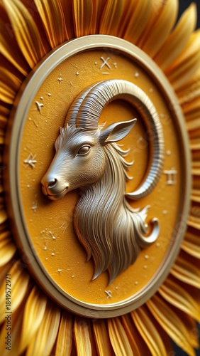 A Golden capricorn zodiac sign with a sunflower background