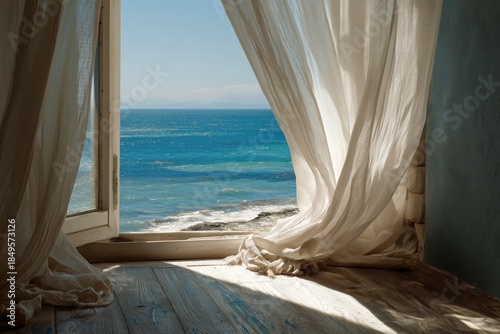 Tranquil Seaside View Through Open Window with Flowing Curtains in Bright Light