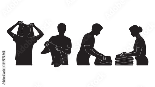 Laundry Process Silhouettes in Simple Monochrome Style with Clean Lines for Household Chores Illustration
