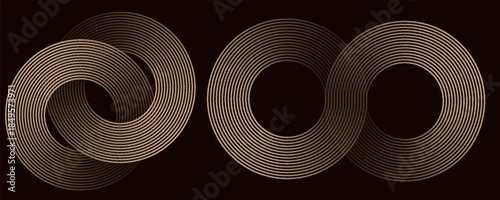 Abstract golden glowing geometric lines on dark background. Modern shiny round lines pattern. Futuristic technology concept. Suitable for posters, covers, banners, presentations, websites,