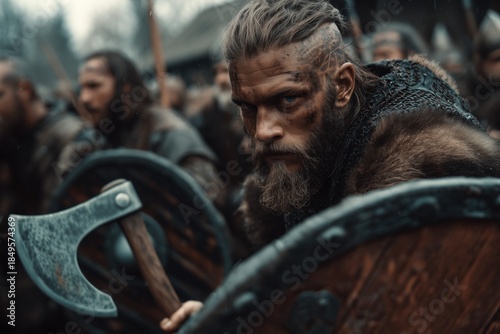 Intense Viking Warrior with Axe in Battle-Ready Stance Amidst Crowd