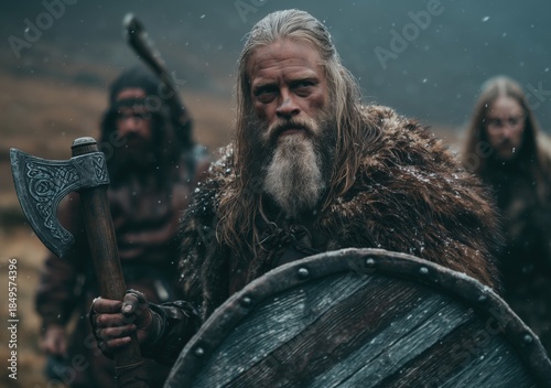 Intense Viking Warrior with Axe and Shield in Snowy Landscape Scene