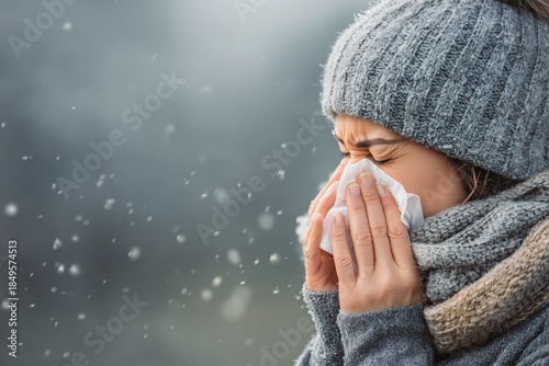 Woman in Winter Clothing Sneezing in Snowy Weather Outdoors