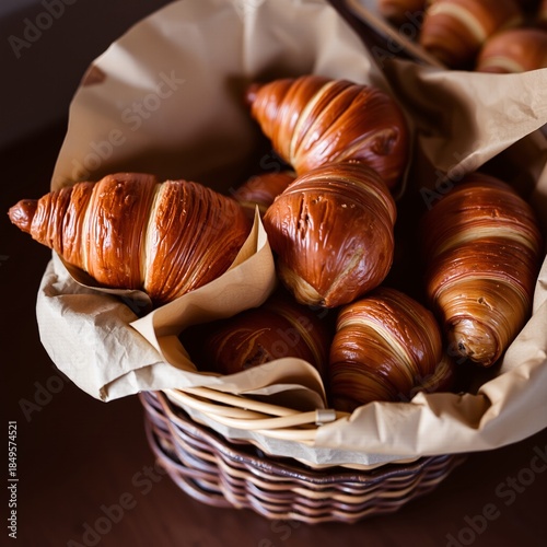 Wicker basket filled with golden croissants vector illustration on rustic dark wooden table artisanal bakery concept